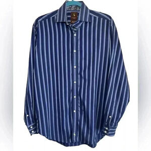 Tailorbyrd Sz M Cotton Long Sleeve Flip Cuff Blue Stripe Button Mens Dress Shirt